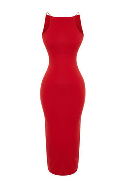 TRENDYOLMILLA K?rm?z? Vucuda Oturan Halter Yaka Fitilli Esnek Orme Midi Kalem Elbise TWOSS24EL00020 фото 7