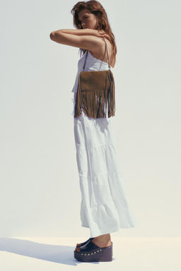FRINGED SPLIT SUEDE MINI CROSSBODY BAG