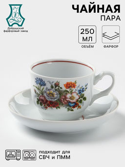 Чайная пара Добрушский завод Букет цветов, 2 предмета: чашка 250 мл, блюдце d=15 см, фарфор, белая