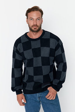 Lacivert Erkek Oversize Bisiklet Yaka Ekose / Kareli Triko Kazak TMNAW23KZ00279 - Trendyolmilla фото 2