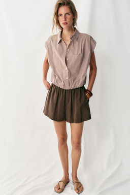 CAMISA CORTA CUADRO VICHY / marron/blanco