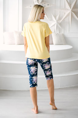 Пижама женская домашний из футболки и бридж Букетик желтый темно-синий