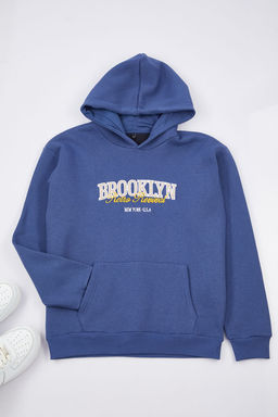 Indigo Unisex Oversize/Genis Kesim City Bask?l? Ici Polarl? Kapusonlu Sweatshirt TMNAW25SW00058 - Trendyolmilla фото 6