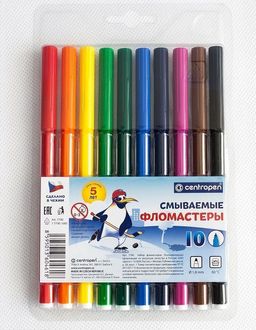 Фломастеры Centropen ПИНГВИНЫ смываемые 10 цв. шестигранный корпус, стандартные, блистер