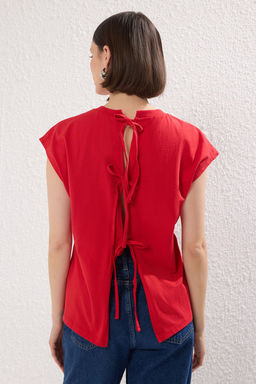 TRENDYOLMILLA Siyah %100 Pamuk Ay Kol Baglama Detayl? Bisiklet Yaka Orme T-Shirt TWOSS25TS00156  фото 4