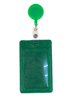 Бейдж с лентой на рулетке вертикальный, цвет зеленый