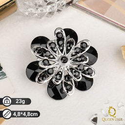Брошь Цветок астры, цвет чёрный в серебре