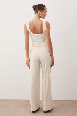 Bej Wide Leg/Genis Paca Yuksek Bel Dokuma Kumas Pantolon TWOSS23PL00314