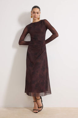 Kahverengi Soyut Buzgu / Drape Maxi Orme Elbise TWOAW25EL00408