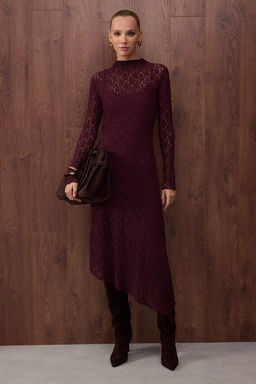 Ozel Koleksiyon Murdum Duz Asimetrik Bodycon/Vucuda Oturan Maxi Orme Dantel Elbise TWOAW26EL00057