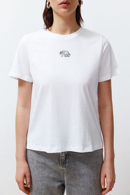 Beyaz %100 Pamuk Nak?sl? Regular/Normal Kal?p Orme T-Shirt TWOSS24TS00160