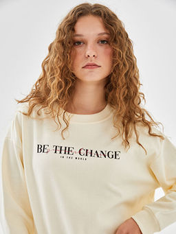 Bisiklet Yaka Bask?l? Oversize Kad?n Sweatshirt