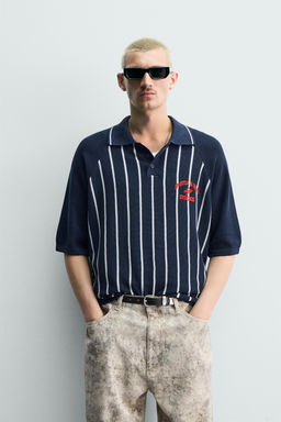 POLO PUNTO RAYAS BORDADO PARCHE / Azul tinta