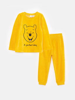 Bisiklet Yaka Uzun Kollu Winnie the Pooh Bask?l? Erkek Bebek Pijama Tak?m?