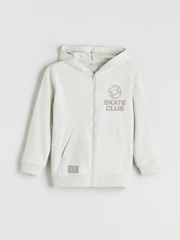 Kap??onlu Bask?l? Erkek ?ocuk Fermuarl? Sweatshirt