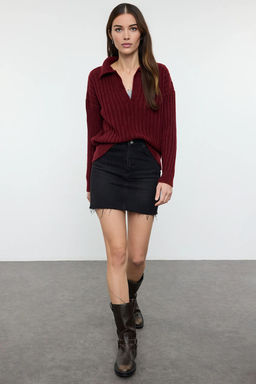 Bordo Yumusak Dokulu Polo Yaka Triko Kazak TWOAW24KZ00678