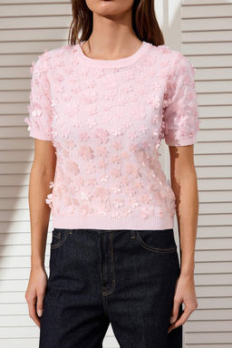 Pembe Uc Boyutlu Cicek Detayl? ve Tullu Triko Bluz TWOSS26BZ00128 - Trendyolmilla фото 3