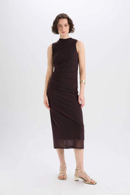 Bodycon Vucudu Saran Yar?m Bal?kc? Yaka Basic Duz Tul Kolsuz Maxi Siyah Elbise - Defacto фото 2