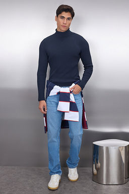 Lacivert Slim Fit Pamuklu Bal_k__ Yaka Fitilli _rg_ Kazak TMNAW20MG0031