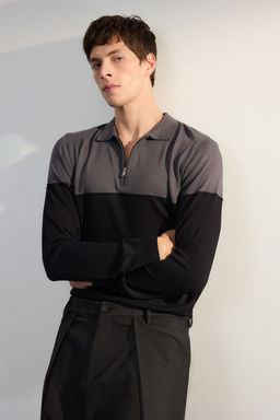 TRENDYOL MAN Antrasit Slim Dar Kesim Polo Yaka Renk Bloklu Triko Kazak TMNAW25KZ00050