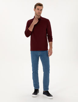 Bordo Regular Fit %100 Pamuk 3 _plik Polo Yaka Sweatshirt