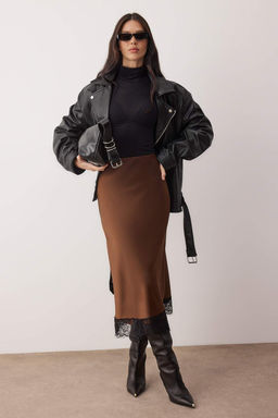 Kahverengi Dantel Detayl? Midi Boy Saten Etek TWOAW26ET00169