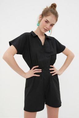 Siyah Beli Lastikli Genis Paca Mini Dokuma Tulum TWOSS22TU0014