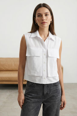 TRENDYOLMILLA Beyaz Utility Cep Detayl? S?f?r Kol Regular kal?p Dokuma Gomlek TWOSS25GO00041  фото 13