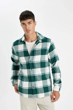 Фланелевая рубашка стандартного кроя с воротником поло и длинными рукавами в клетку - Defacto фото 4