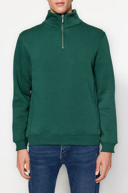 Yesil Regular/Normal Kesim Dik Yaka Fermuarl? Pamuklu Basic Ici Polarl? Sweatshirt TMNAW24SW00041