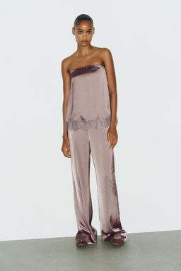 SATIN TOP WITH LACE TRIM