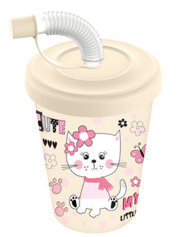 Цена за 2 шт. Стакан детский с крышкой, трубочкой и колпачком 280мл с декором (светло-бежевый)221502725/01