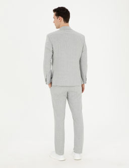 Gri Slim Fit Keten Kar___ml_ _izgili Tak_m Elbise