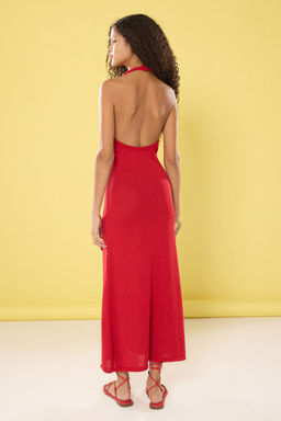 TRENDYOLMILLA K?rm?z? Duz Maxi Boyundan Ask?l? Gul Detayl? Triko Elbise TWOSS25EL00525 фото 4