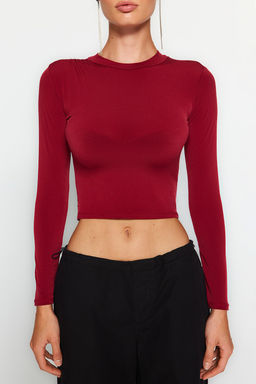 Bordo Dik Yaka Fitted/Vucuda Oturan Uzun Kol Buzgulu Esnek Orme Bluz TWOAW23EL01391