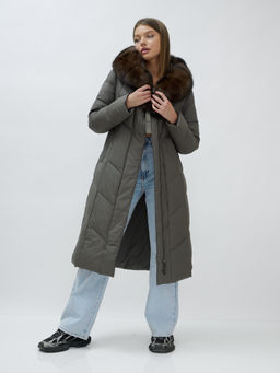 Пальто женское зимние с мехом песец люкс класса серого цвета 625Sr