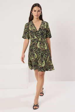 Yesil Sal Desen Etegi Belden Ac?lan K?sa / Mini Dokuma Elbise TWOSS25EL00251