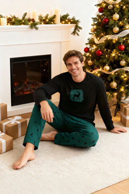 Zumrut Yesili Geyik Bask?l? Regular Fit Orme Pijama Tak?m? TMNAW25PT00040