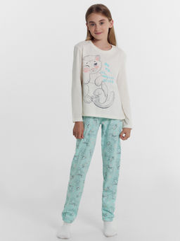 Комплект для девочек (джемпер, брюки) бежево-голубой с котиками - Mark formelle фото 3