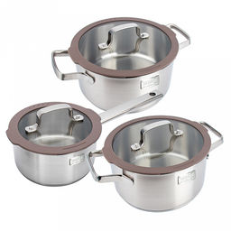 Набор посуды из нержавеющей стали Experience 3 штуки: кастрюля 2,1л - д18см, h9,3см, 3,9л - д22см, h11,5см, ковш 1,5л - д16см, h8,5см, s0,6мм, дно д16,6см, s4мм, стеклянная крышка с широким силиконовым ободом и сливом, пароотовод, капсулированное д