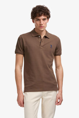 Erkek Slim Fit Polo Yaka Kahverengi Basic Ti__rt