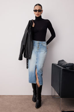 TRENDYOLMILLA Mavi Onden Dugmeli Y?rtmacl? Midi Denim Etek TWOAW24ET00063 фото 11