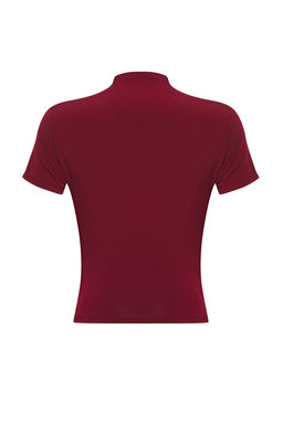 Bordo Drapeli Fitted/Vucuda Oturan K?sa Kollu Dik Yaka Esnek Orme Bluz TWOSS24BZ00426
