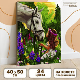 Картина по номерам на холсте с подрамником Лошадка и девочка в поле, 40?50 см