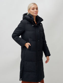 Пальто утепленное стеганное зимнее с капюшоном женское черного цвета 9601Ch