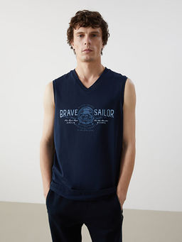 V Yaka Bask?l? Erkek Kolsuz Ti??rt