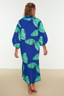 TRENDYOLMILLA Bal?k Desenli Genis Kal?p Dokuma %100 Pamuk Midi Plaj Elbisesi TBESS22EL0009 фото 8