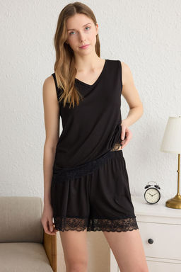 Trendyolmilla Siyah Dantelli Viskon Sortlu Orme Pijama Tak?m? THMSS25PT00042  фото 2