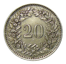 Монета 20 раппенов 1943 года Швейцария