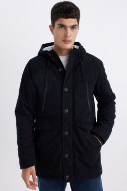 Slim Fit Dar Kesim Kapusonlu Pelus Astar Fermuarl? C?tc? Kapamal? Cepli Mont Parka
